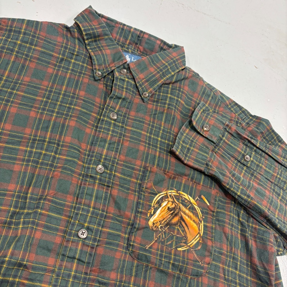 Ralph Lauren Custom Fit Plaid Flannel Shirt Horse Graphic Green Red Mens L